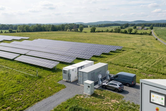 BESS storage containers and EV charging stations beside a ground-mounted solar array
