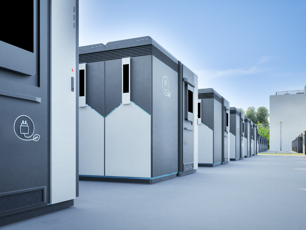 Row of containerized BESS units for commercial and industrial energy storage
