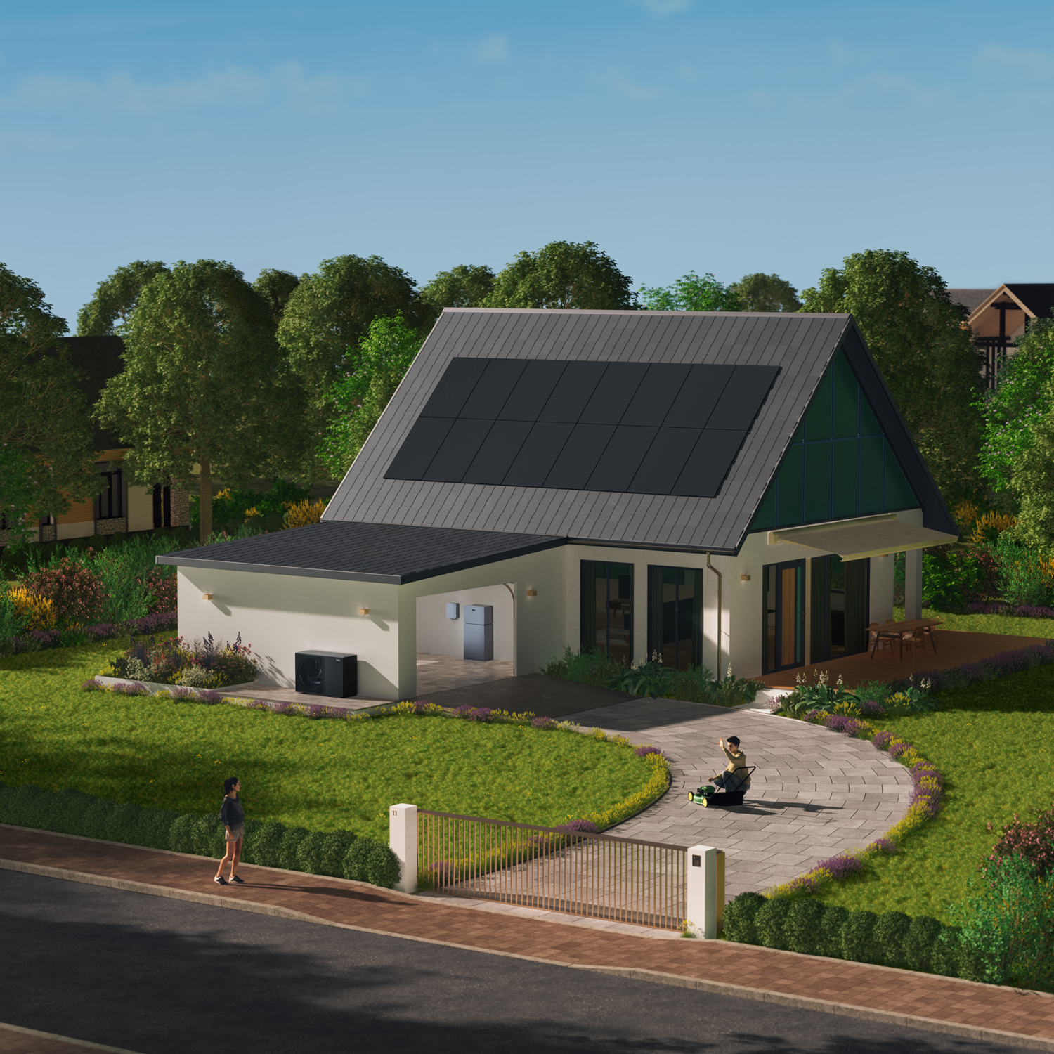 Maison equipee de panneaux solaires SunPower en toiture, avec batterie et onduleur installes dans le garage
