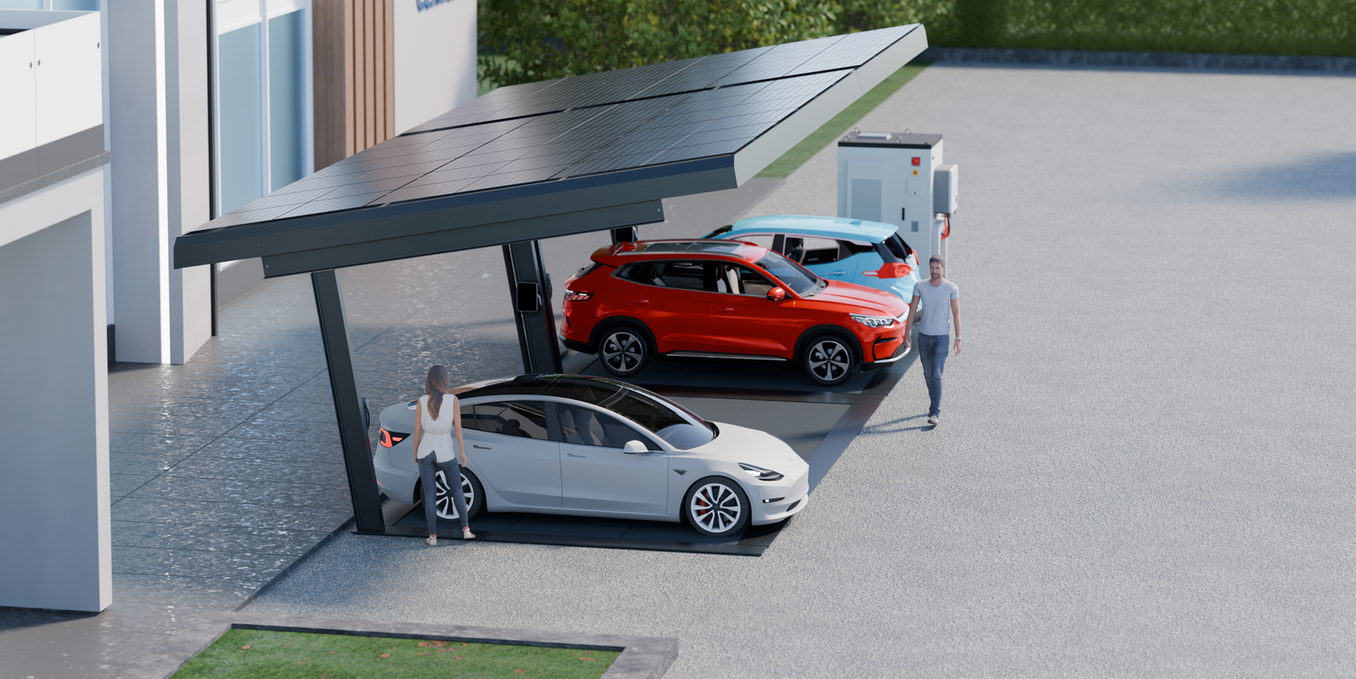 Carport solaire Energy Hub avec vehicules electriques en recharge